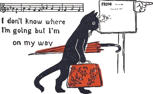 cartoon cat with an orange bag captioned 'i don't know where i'm going'